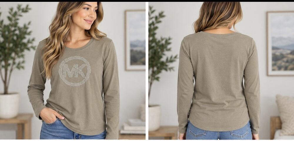 Michael Kors Women’s M Taupe Long Sleeve Logo Shirt Embroidered MK Casual Top